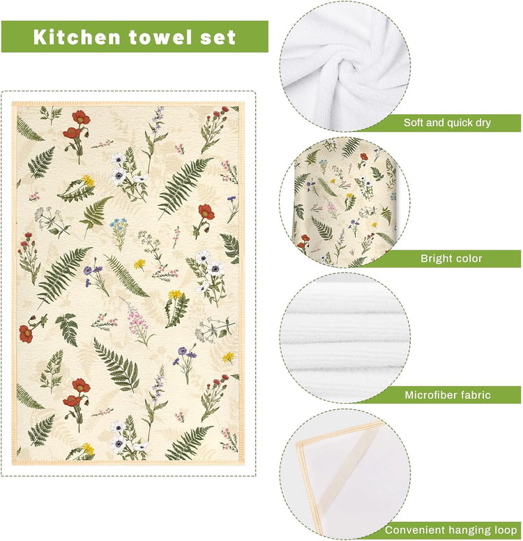 Rustic Flower Kitchen Towels and Oven Mitts Set 4Pcs, Soft Absorbent Dish Cloth Heat Resistant Oven Gloves for Cooking Baking Kitchen Decoration, Gifts for Her