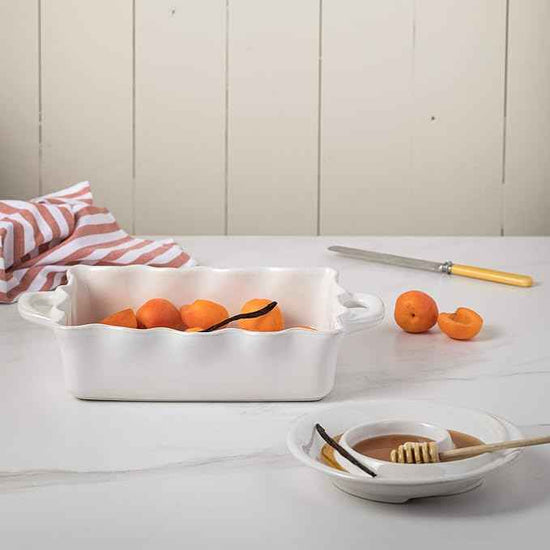 Casafina Ceramic 13.5" x 8.5" Rectangular Ruffled Baker - Cook & Host Collection, White | Oven & Dishwasher Safe Bakeware | Food Safe Glazing | Restaurant Quality Dinnerware