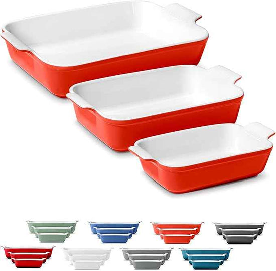 Stoneware Casserole Dish Bakeware Set of 3 | Rectangular Dinnerware Set with Handles [Passion Red]
