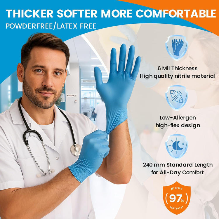 6 mil Disposable Nitrile Gloves, Heavy Duty Disposable Glove, Cooking Gloves, Latex Free, Powder Free (Blue of 100, Large)