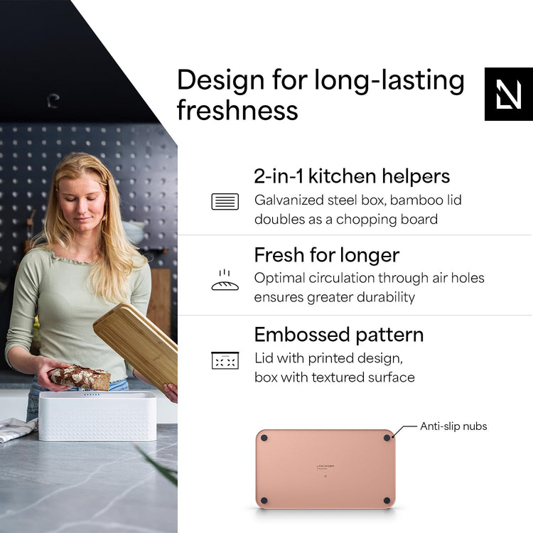 Bread Box I Metal Box with linen bag for long lasting freshness I Bread Bin with bamboo lid usable as cutting board I 13.4x7.3x5.3In