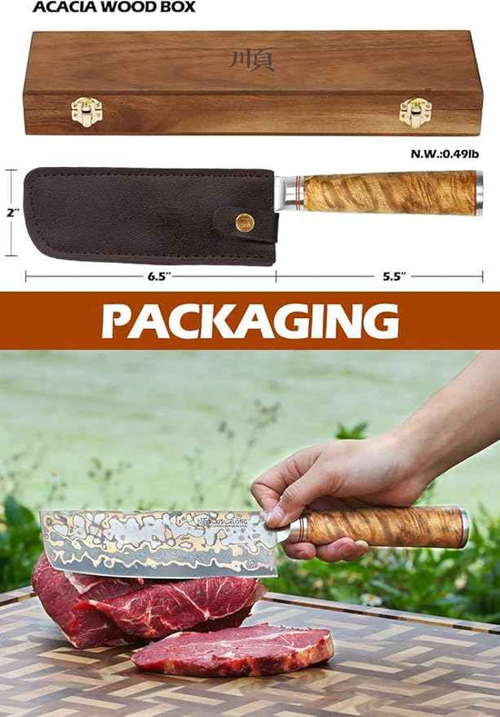 YOUSUNLONG Nakiri Asian Vegetable Knife 6.5“ - Ultra Sharp - Japanese Handmade Copper Damascus Steel Kitchen Knife Chef Knife - Naturel Burl Wooden Handle with Acacia Wood Box and Leather