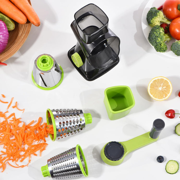 Rotary Cheese Grater with Handle Kitchen Shredder Slicer Grater Slicer Ice Shaver Cheese Vegetable Nuts Potato Zucchini Chocolate 3 Interchangeable Blades