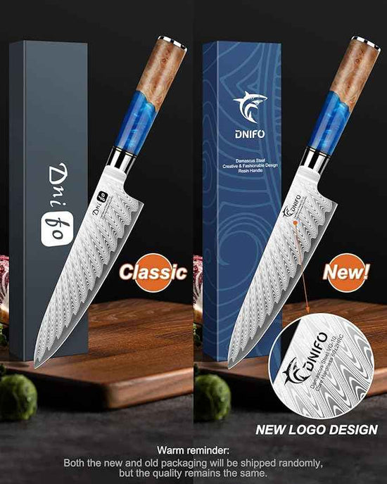 Damascus Chef Knife 8 Inch, Japanese Handcrafted Sharp Kitchen Knife with 67-Layer Damascus Steel & VG10 Core, Blue Resin & Natural Birch Wood Handle, Ideal Gift for You & Your Beloved