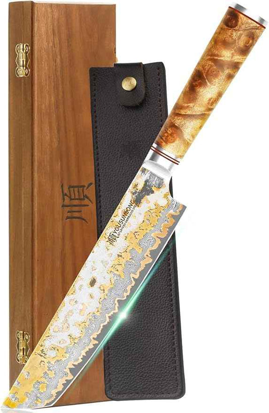 YOUSUNLONG Tanto Chef's Knife 8 Inch - Japanese Handmade CuMai Copper Damascus Steel Blade - Naturel Burl Wooden Handle with Leather