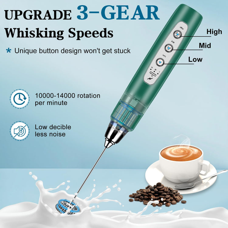 Milk Frother Wand Rechargeable Handheld Whisk Coffee 3 Speed Adjustable