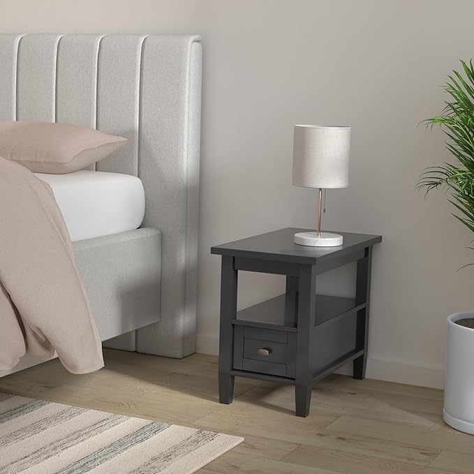 SIMPLIHOME Warm Shaker End Table - 14 inch Wide Solid Wood Narrow Side Table in Black, Transitional Accent Table for Living Room or Bedroom with Drawer, Open Shelf and Square Tapered Legs
