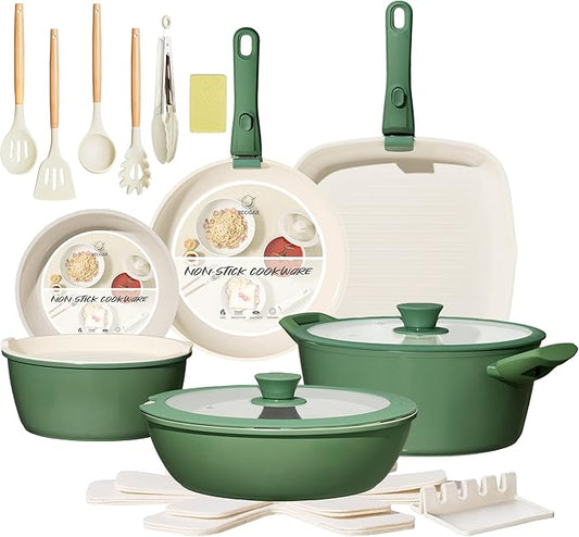 BECIGAR 23pcs Ceramic Pots and Pans Set, Nonstick Detachable Handle Cookware, Induction Kitchen Cooking Set with Removable Handle,include Frying Pans & Saucepans Oven Safe(Green)