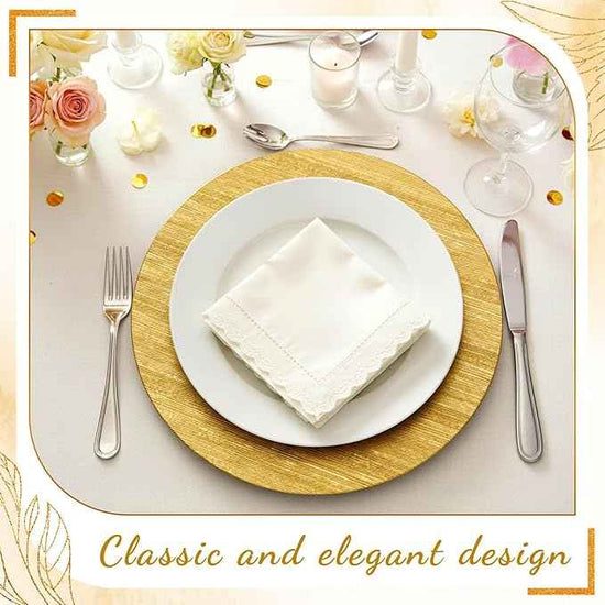 Tanlade 12 Pcs Charger Plates Bulk 13 Inch Plastic Texture Strip Wedding Chargers Floral Decorative Plates with Metallic Ruffled Rim for Wedding Party, Holiday Event Supplies(Gold)