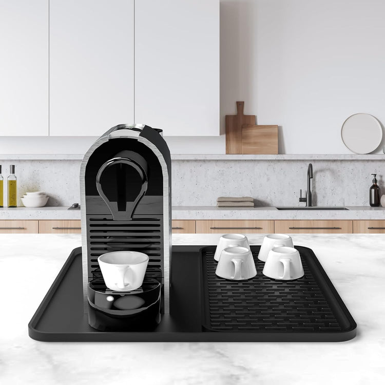 Silicone Coffee Mat,16''x16'' Coffee Bar Mat with Detachable Dish Drying Mat for Kitchen Countertops,Coffee Bar Accessories Fit Under Coffee Maker Coffee Machine Coffee Pot Espresso Machine Dish Rack