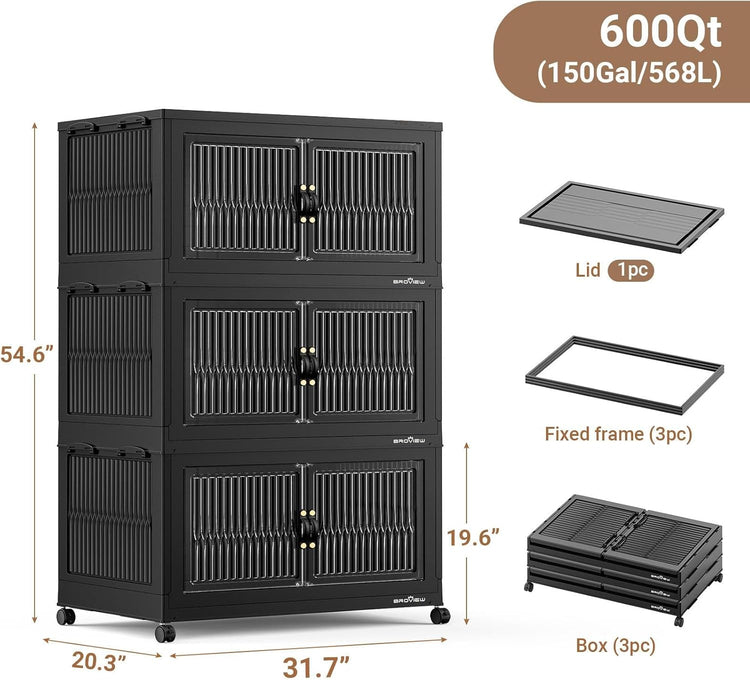 600Qt Extra Large Stackable Storage Bins with Lid, Closet Organizer Collapsible Drawer Boxes with Wheels, Folding Plastic Cabinet Containers for Home Kitchen Room Organization, 3Pack Black
