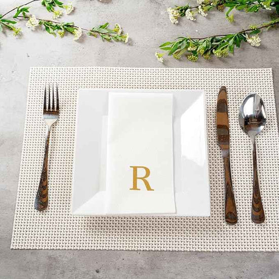 Luxenap 15.8 X 7.9 Inch Linen-Feel Guest Towels, 2000 Lettered Hand Towels - Gold Letter 'R', Sans Serif Font, White Paper Dinner Napkins, airlaid, For Restrooms And Tables