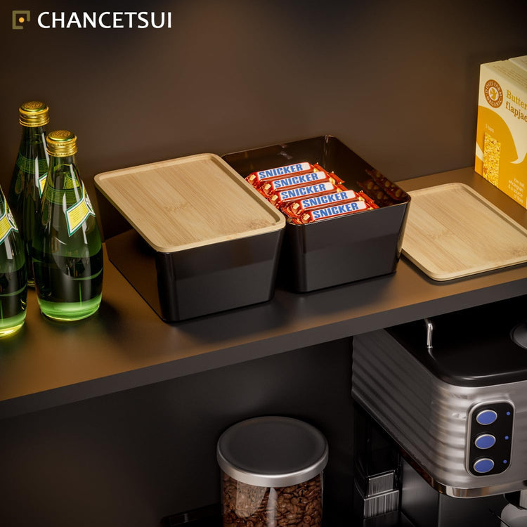 CHANCETSUI Stackable Storage Bins lids For Workplace: 5X7 Black Storage bins, Office Desk Accessories Storage Containers with Lids, Stackable Bins for Home and Office Organization, bamboo Lid, 2 Pack