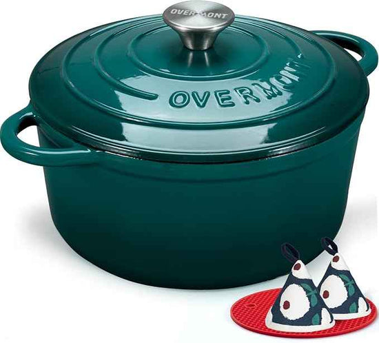 Overmont Enameled Cast Iron Dutch Oven - 7QT Pot with Lid Cookbook & Cotton Potholders - Heavy-Duty Cookware for Braising, Stews, Roasting, Bread Baking bottle green
