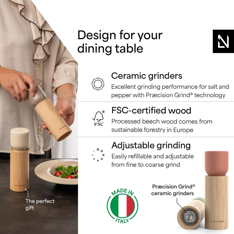 LARS NYSØM Wooden Salt and Pepper Grinder Set Manual with Tray - Salt and Pepper Mills with Adjustable Ceramic Grinder - Elegant Beechwood Pepper and Salt Mill Set for Dining Table (Red/Green)