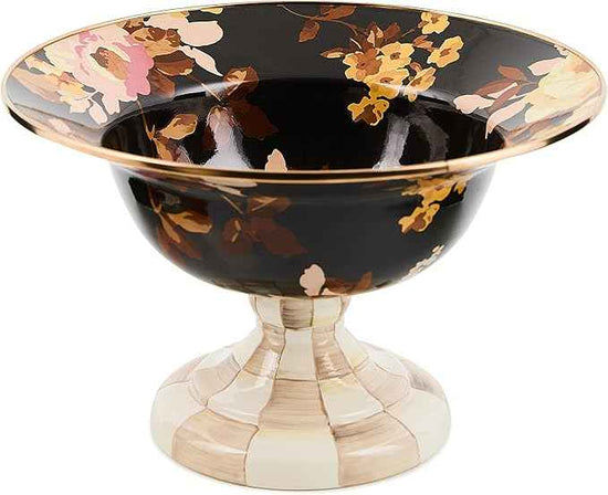 MACKENZIE-CHILDS Enamel Compote, Pedestal Serving Dish or Decorative Bowl, Large, Wild Rose Brown