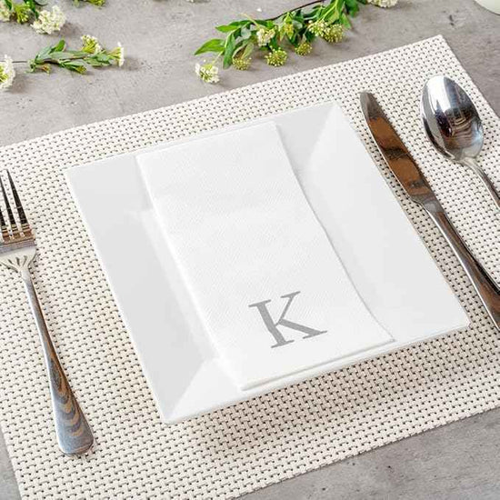 Luxenap 15.8 X 7.9 Inch Linen-Feel Guest Towels, 50 Lettered Hand Towels - Silver Letter 'K', Sans Serif Font, White Paper Dinner Napkins, airlaid, For Restrooms And Tables - Restaurantware