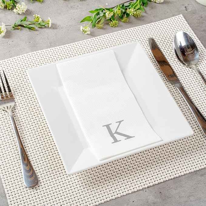 Luxenap 15.8 X 7.9 Inch Linen-Feel Guest Towels, 50 Lettered Hand Towels - Silver Letter 'K', Sans Serif Font, White Paper Dinner Napkins, airlaid, For Restrooms And Tables - Restaurantware