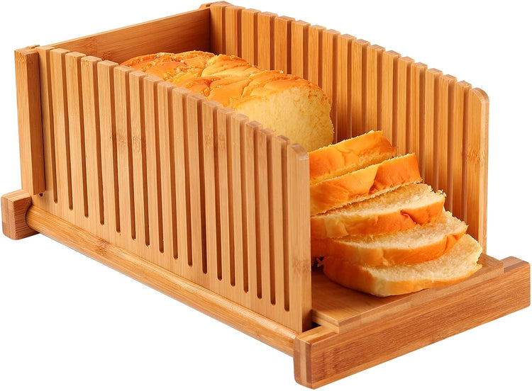 Premium Bamboo Bread Slicer for Homemade Bread, Crumb Catcher, Foldable and Compact Loaf Cutter 3 Size Slicing Guide