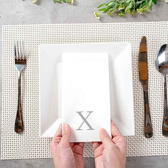 Luxenap 15.8 X 7.9 Inch Linen-Feel Guest Towels, 50 Lettered Hand Towels - Silver Letter 'X', Sans Serif Font, White Paper Dinner Napkins, airlaid, For Restrooms And Tables - Restaurantware