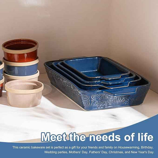 Casserole Dishes for Oven, Baking Dishes, Ceramic Bakeware Sets of 4, Rectangular Baking Pan Set with Handles for Baking, Casserole, Kitchen, Wedding Gift (Blue)
