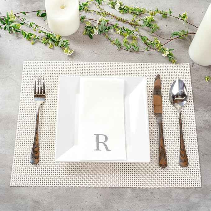 Luxenap 15.8 X 7.9 Inch Linen-Feel Guest Towels, 2000 Lettered Hand Towels - Silver Letter 'R', Sans Serif Font, White Paper Dinner Napkins, airlaid, For Restrooms And Tables - Restaurantware