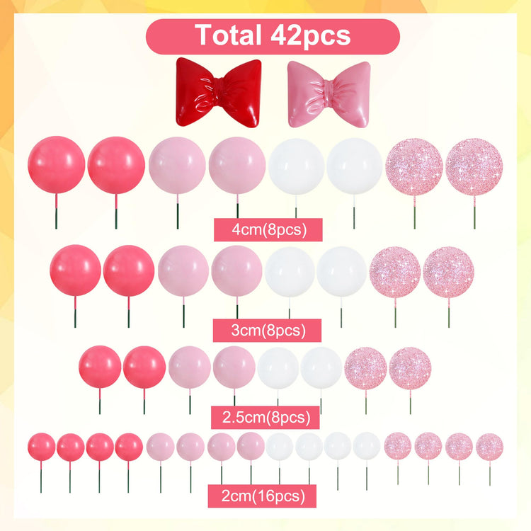 42 pcs Foam Ball Cake Toppers with Sticks Includes 2 Bow Cake Decor Perfect for Birthday Party Pink&White Theme Party Decor Wedding Anniversary Celebration (42 Count)