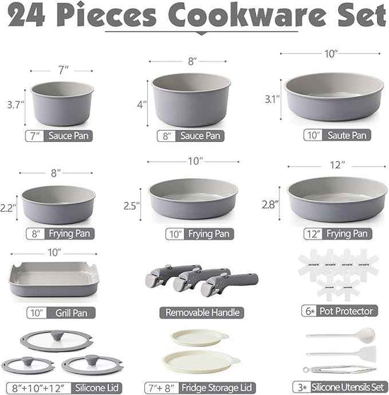 SENSARTE 24 Piece Ceramic Pots and Pans Set, Nonstick Detachable Handle Cookware, Induction Kitchen Cookware Set with Removable Handle, Healthy Non Stick for RV, Dishwasher＆Oven Safe, PFOA Free (Gray)