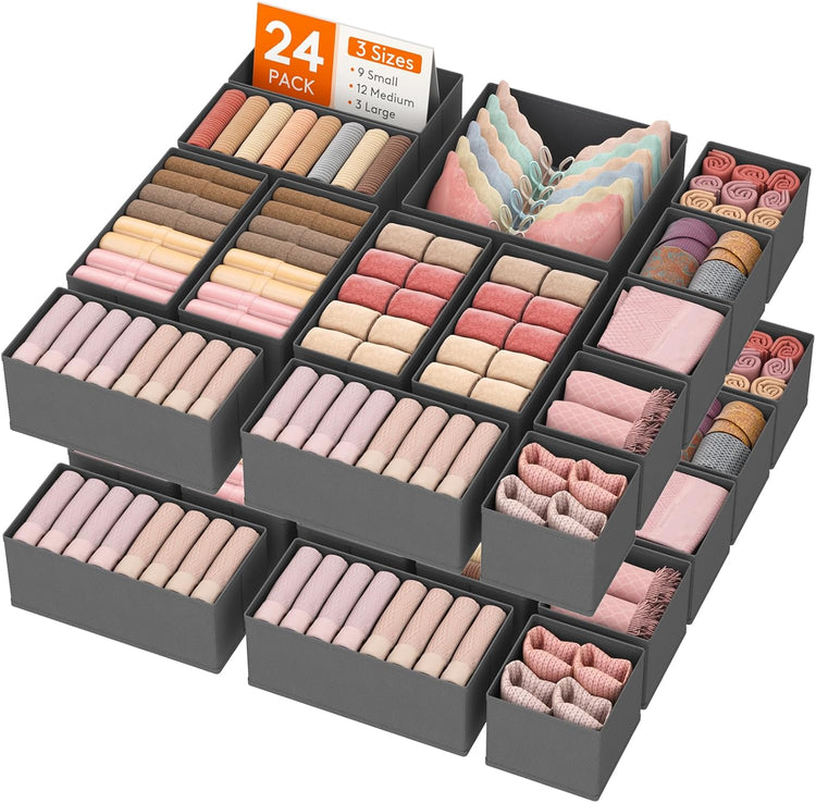 Lifewit 24 Pack Drawer Organizer, Dresser Underwear Drawer Organizer Bins, Foldable Fabric Closet Organizers, Storage Drawer Dividers, Dorm Room Essentials for Clothing, Socks, Towels, Ties Gray