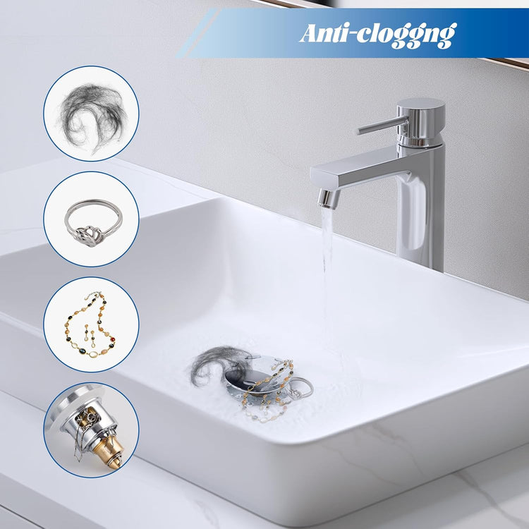 Hibbent All Metal 2 in 1 Bathroom Sink Stopper, Universal Pop Up Drain Strainer, Brass Bullet Core Push Type Sink Stopper for 1.1''~2.3'' Basin, Big Push Button, Anti Clogging Drain Filter, Chrome
