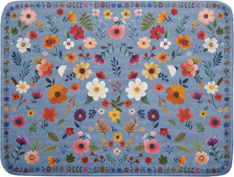 Colorful Flower Dish Drying Mat - Blue Large Floral Coffee Mat for Kitchen Counter Decor 18 X 24