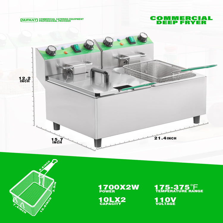 20L 21.2QT Commercial Deep Fryer with Timer Dual Tank Electric Countertop Fryer with Double Baskets and Lids