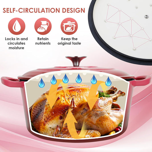 LIFERUN 6 Qt Enameled Cast Iron Dutch Oven Pot with Lid，Oven Safe up to 500° F, Non-Stick Dutch Oven with Dual Handles for Bread Baking, Fry Foods, Braising, Stews, Roasting (Red) - Nestoria