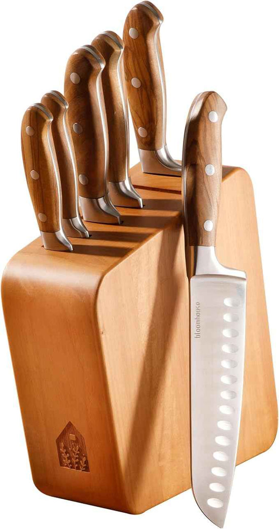 Bloomhouse - Two Time Oprah's Favorite Things Winner - 7 Piece Italian Olive Wood Kitchen Knife Block Set w/German Forged Stainless Steel Knives