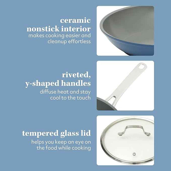 Sur La Table Kitchen Essentials Cool Commune Hard Anodized 10 Piece PFA Free Ceramic Non stick Interior Forged Durable Aluminum Pots and Pans Cookware Set - Blue - Induction Compatible