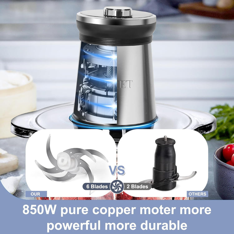 Electric Meat Grinder 850W Food Chopper Food processor with LED timer one 16cup thick glass bowl, 2 sets three-layers 6 blades cutter by BUMET