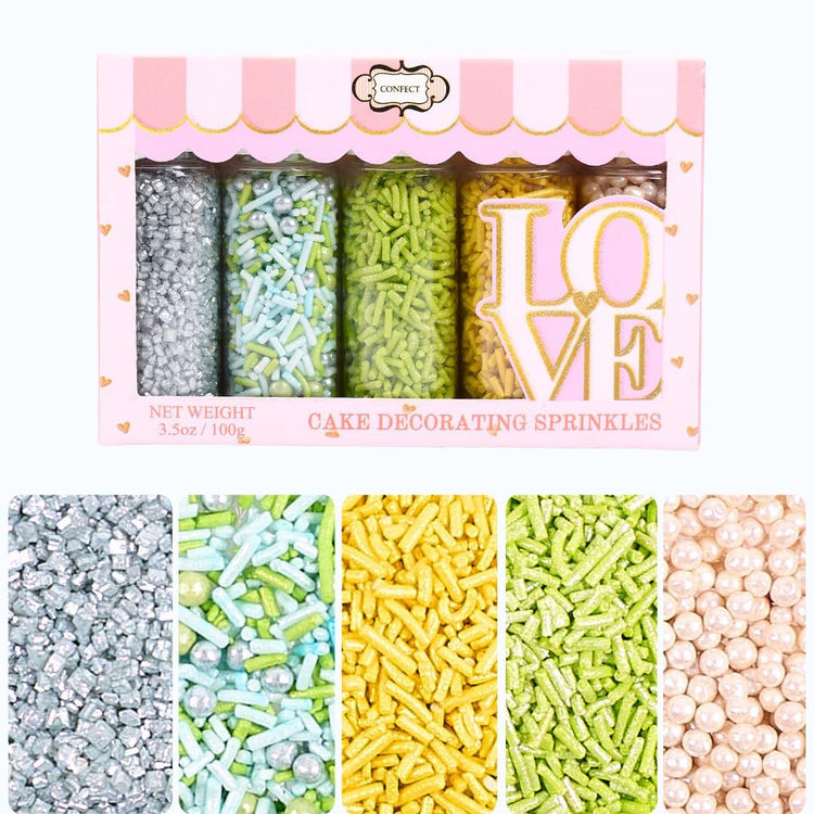 Edible Sprinkles for Cakes & Cupcakes Decoration Assorted pack of 5 Summer Fun Sprinkles Mix White Dragees Green Yellow Blue Jimmies Silver Sparkling Sugar (5 Ounce)