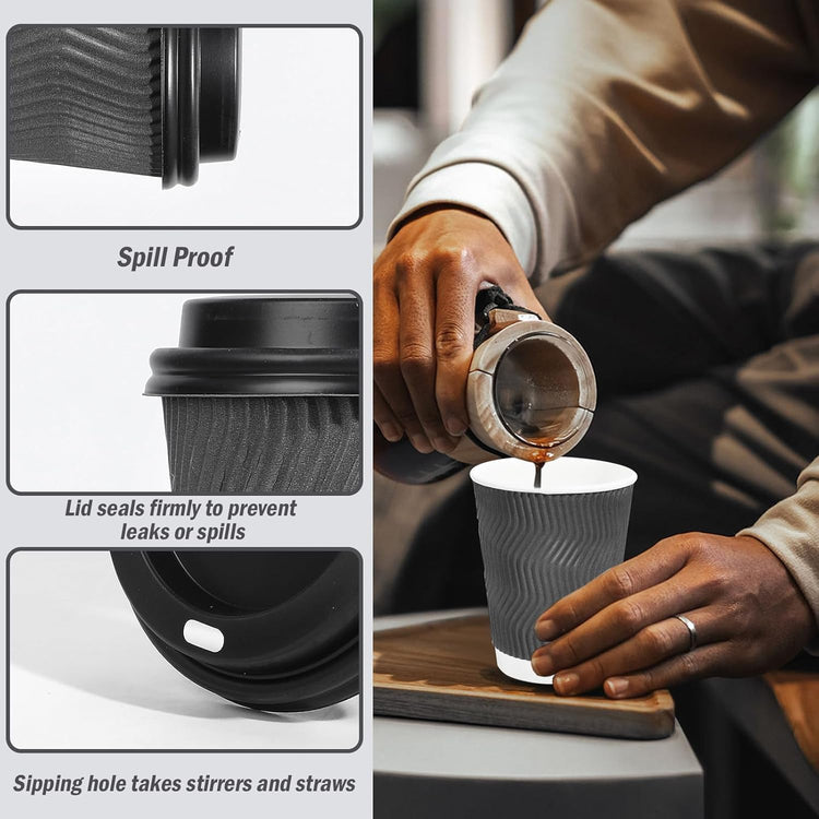 Lamosi 50 Pack - 12 oz Insulated Disposable Coffee Cups with Lids, To Go Paper Coffee Cups with Lids, Corrugated Ripple Wall Cup for Hot Drink Office Coffee Bar