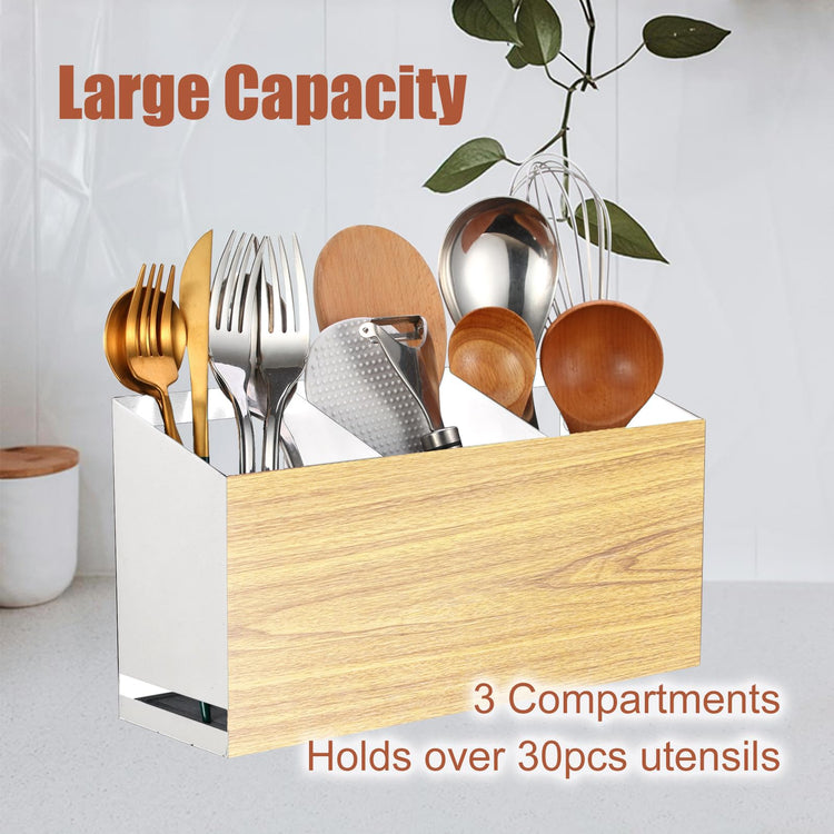 Utensil Holder Large Iron Flatware Container with 3 Compartments Countertop Wall