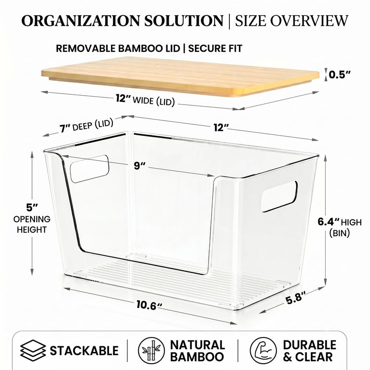 6 Pack Clear Stackable Storage Bins with Bamboo Lids (6 Count)
