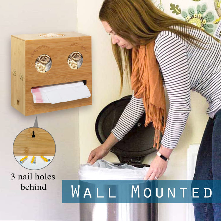 2-in-1 Trash Bag Dispenser & Grocery Bag Holder with Cute Smiley Face Design, Bamboo Organizer for Cabinet Door & Wall Mount, Decorative Waste Bag Storage for Standard Rolls, Not for XL Rolls