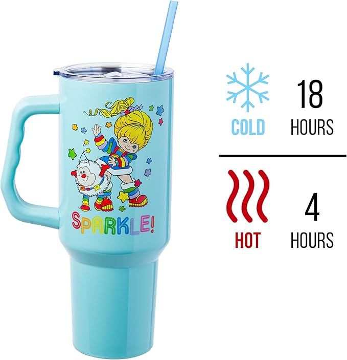 Silver Buffalo Rainbow Brite and Twink Sparkle Stainless Steel Tumbler with Handle and Straw, Fits in Standard Cup Holder, 40 Ounces (Pack of 12)