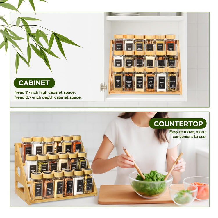 3 Tier Bamboo Spice Rack Organizer with 18 Empty 4 oz Glass Spice Jars