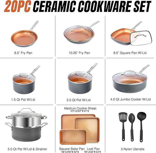 GOTHAM STEEL 20 Pc Ceramic Cookware Set, Copper Pots and Pans Set Non Stick with Bakeware, Cooking Utensils, and Steamer, Oven and Dishwasher Safe