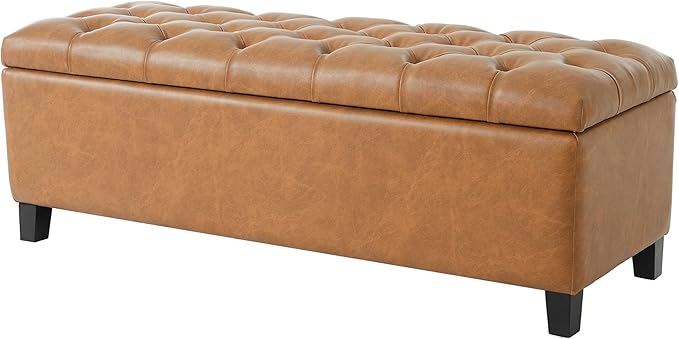 Christopher Knight Home Ottilie Faux Leather Storage Ottoman Bench, Wooden Rectangular Ottoman with Storage, Bedroom End of Bed Foot Stool, Entryway Ottoman Footrest, Living Room Extra Seat, Brown