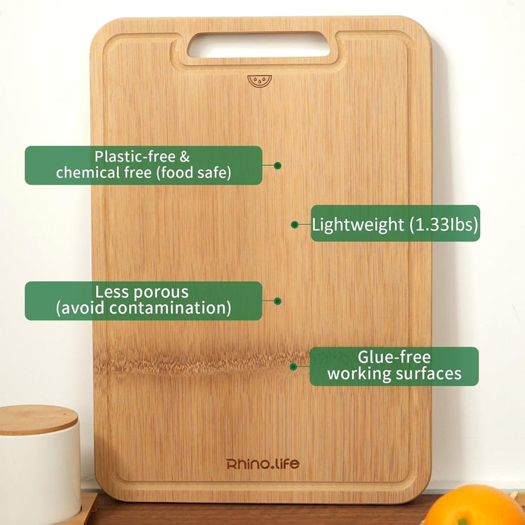 No Glue and Healthy & Organic Non Toxic Small Bamboo Cutting Board with hands for Kitchen,Plastic Free, Juice Groove, Non-solid Wood Cutting Board for Meat, Vegetables and Fruits (12 * 8inch)