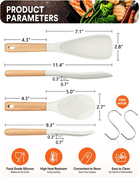 Cooking Spoon and Rice Scooper for Nonstick Cookwares, Great for Cooking and Serving Sturdy BPA-Free Matte Silicone, Wood Handle Spoon for Mixing, Scoop, and Scrape (WHITE) - Nestoria