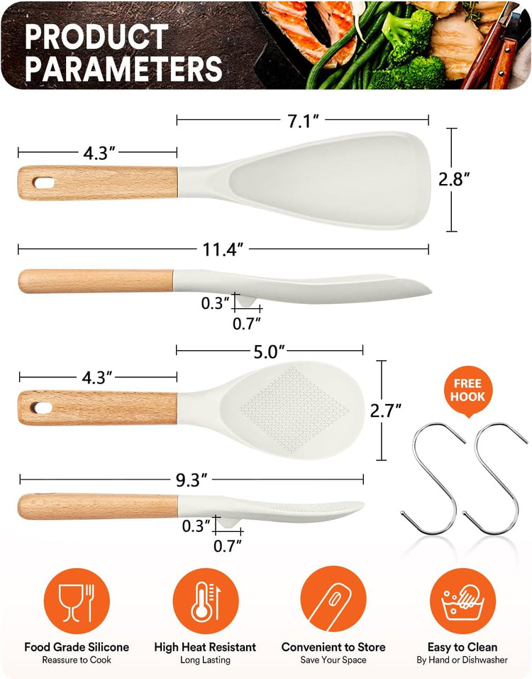 Cooking Spoon and Rice Scooper for Nonstick Cookwares, Great for Cooking and Serving Sturdy BPA-Free Matte Silicone, Wood Handle Spoon for Mixing, Scoop, and Scrape (WHITE) - Nestoria