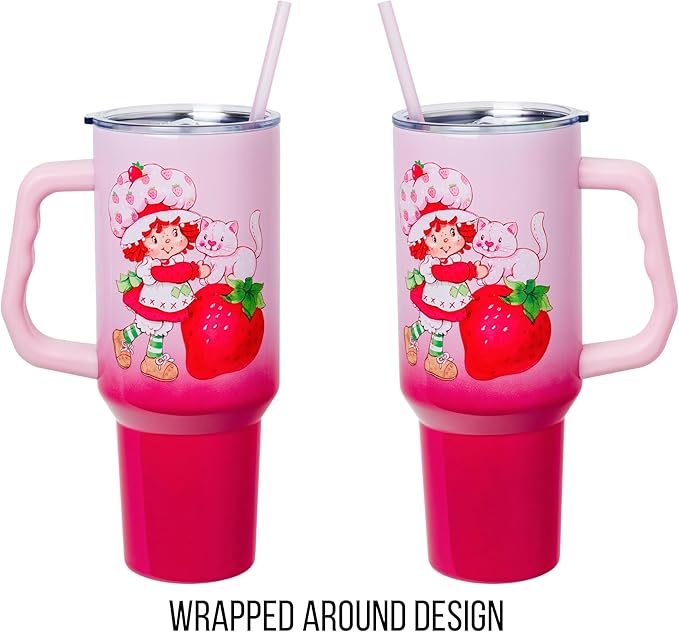 Silver Buffalo Strawberry Shortcake and Custard Vintage Berry Ombre Double Walled Stainless Steel Tumbler with Handle and Straw, Fits in Standard Cup Holder, 40 Ounces