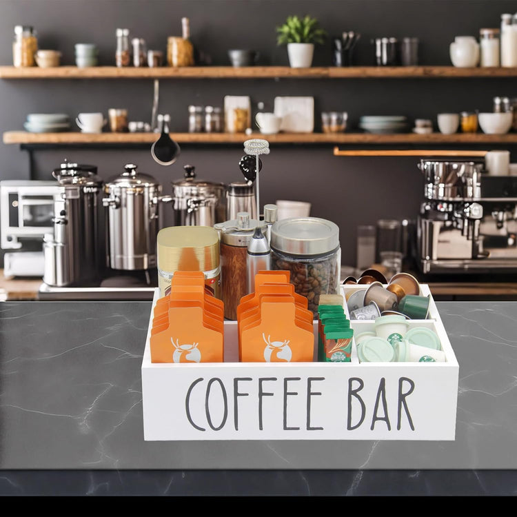 Coffee Station Organizer with Removable Dividers Disposable Cup Holder Wooden Countertop Organizer for Tea Condiment Accessories Storage Farmhouse Bar Decor Black (White)